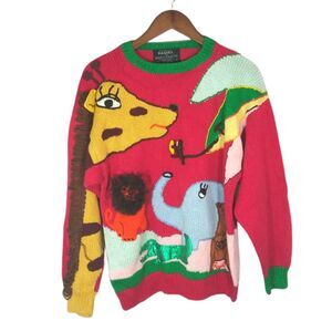 Vintage Raquel's Collection Pink Jungle Animal Grandma 3D Knit Sweater Sz Small